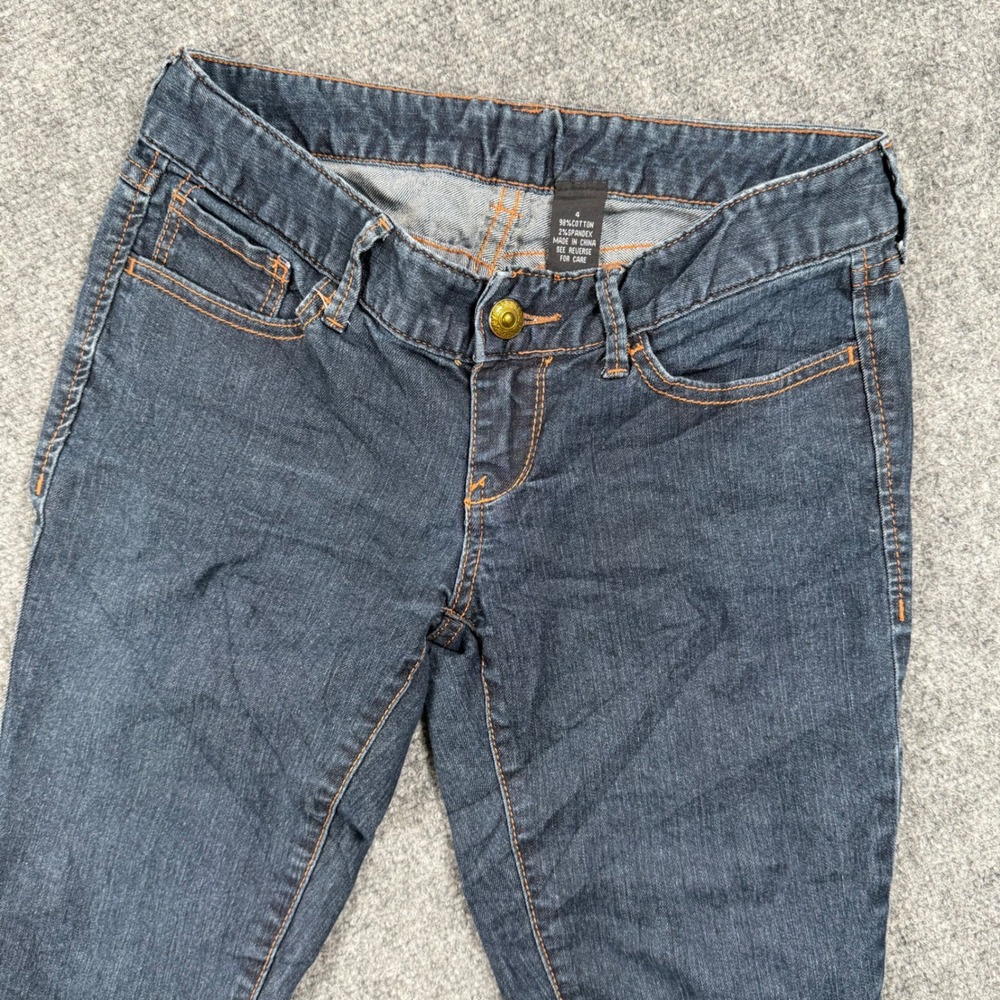 Express Jeans Dark Wash Denim‎ Size 4 Low Rise Orange Stitch Capri Women's